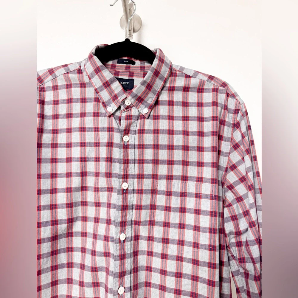 Set of 2 J. Crew Oxford Button‎ Up Plaid Cotton Long Sleeve Shirts Red Green L